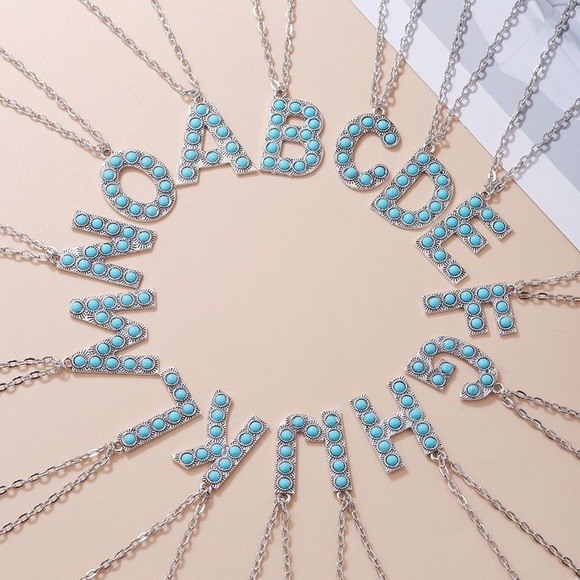 Jewelry - Alphabet Letter Name Initial Western Turquoise Faux Stone Silver Boho Necklace